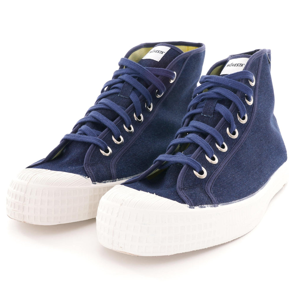 A pair of Novesta Star Master hi-top sneakers in navy, shown from the front.