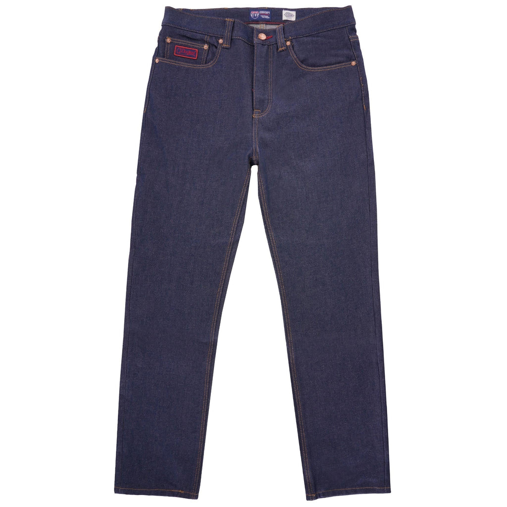 Front view of dark indigo C17 jeans with tan stitching and rivets.