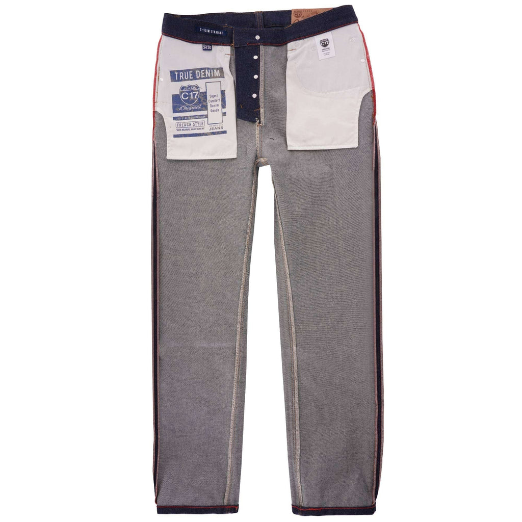 Inside-out view of C17 jeans, highlighting red selvedge and pocket bags.