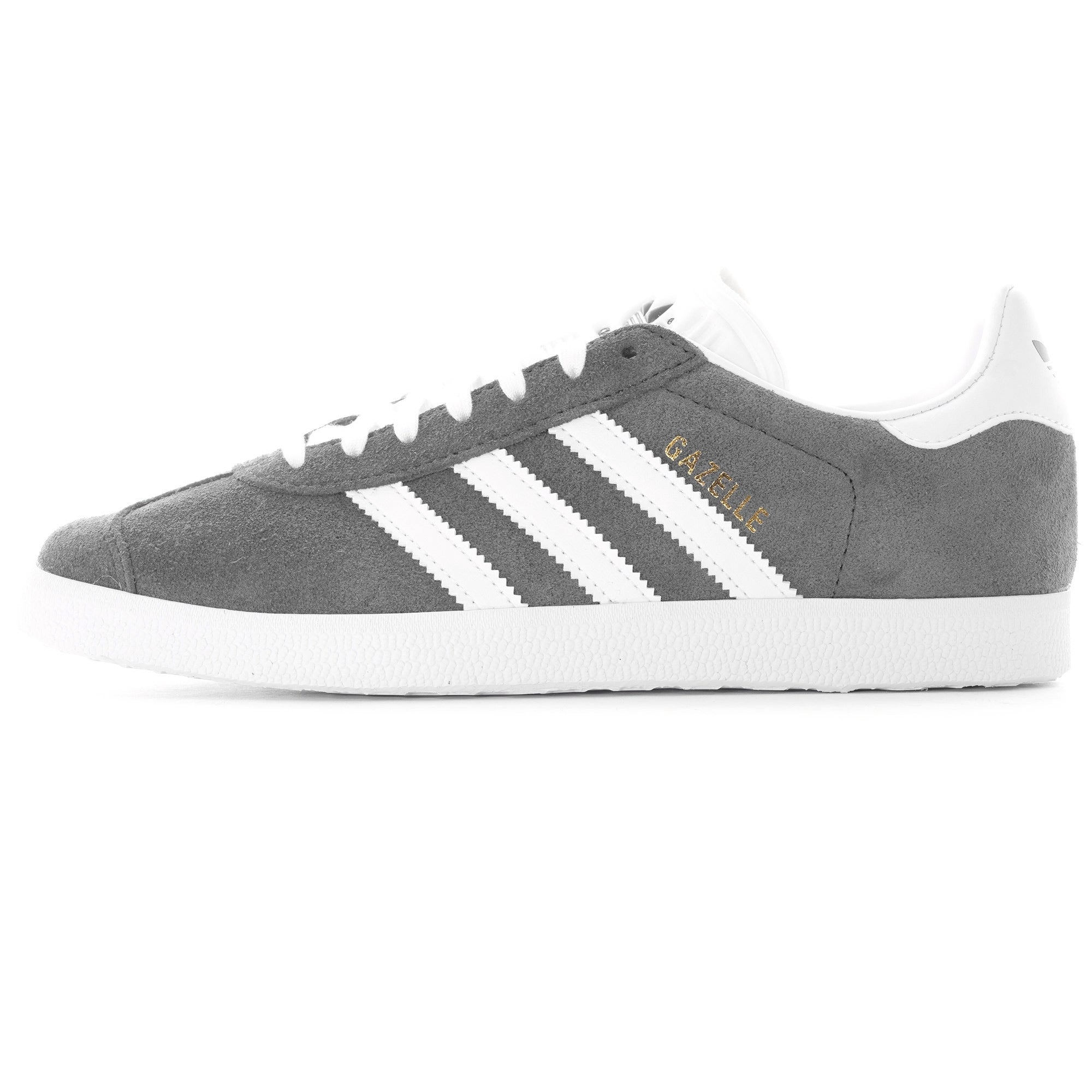 Side profile of a grey Adidas Gazelle trainer with white stripes and sole.