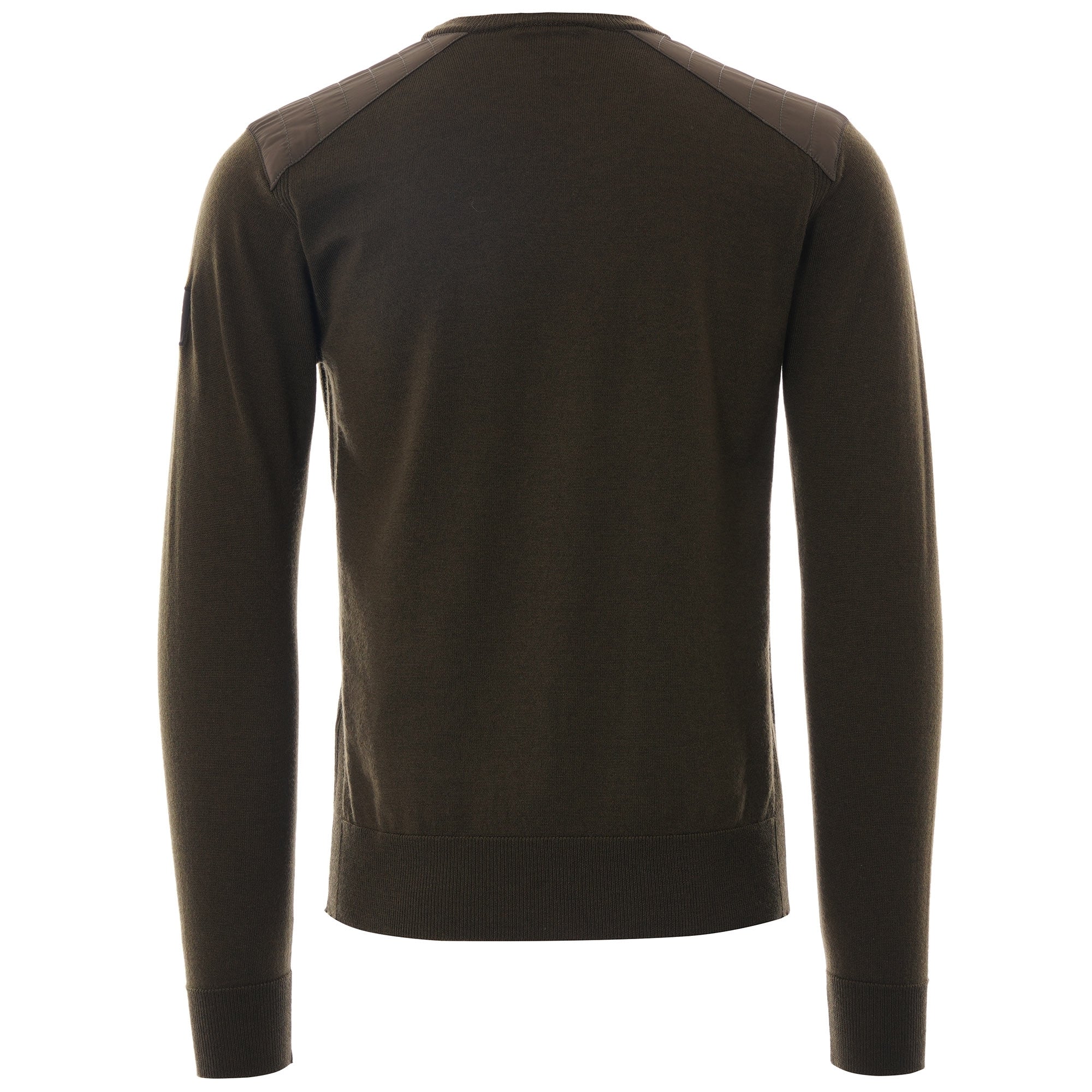 Back view of a dark green crew neck jumper with subtle shoulder detailing for men.
