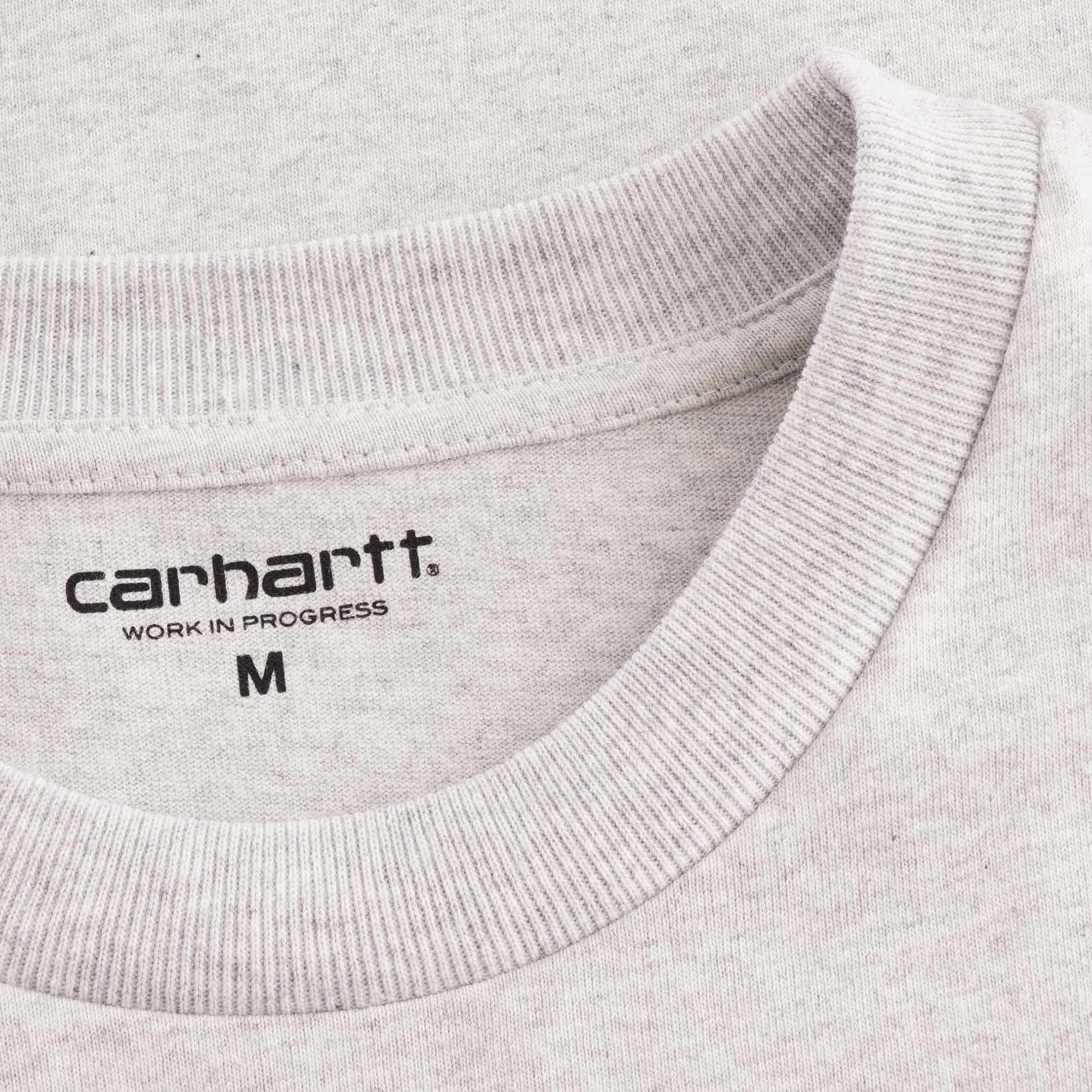 Close-up of the Carhartt WIP neck label on the grey t-shirt.