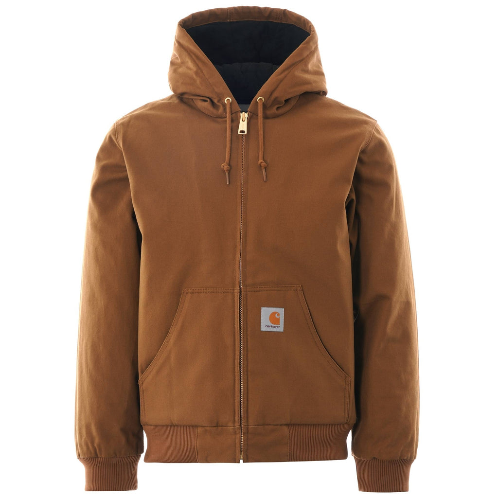 Brown Carhartt jacket with hood, black lining, and gold zip closure.
