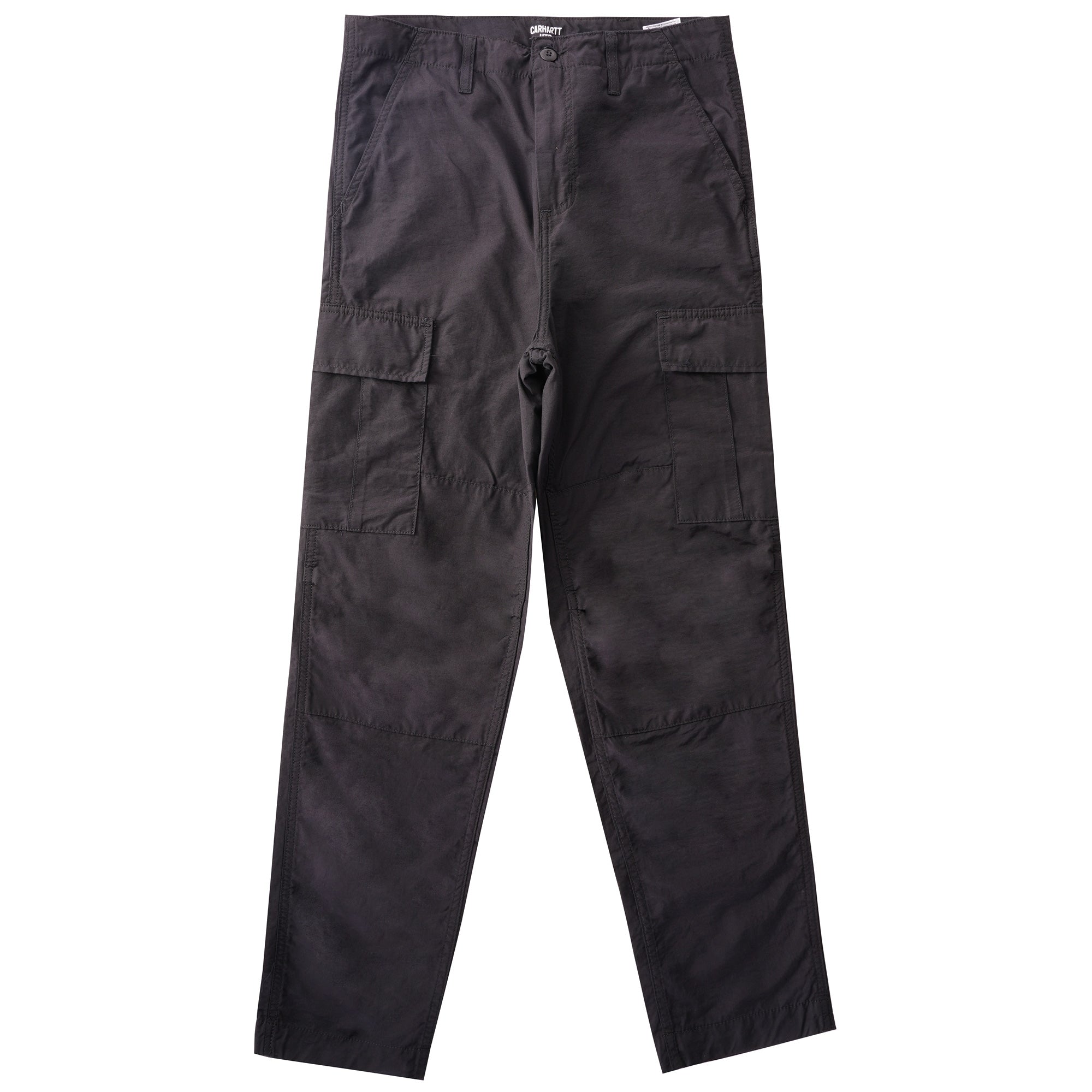 A full-length flat lay of Carhartt WIP cargo trousers in dark grey with side pockets.