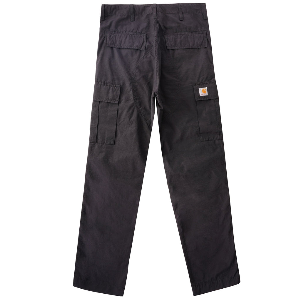 A full-length flat lay, rear view, of Carhartt WIP cargo trousers in dark grey.