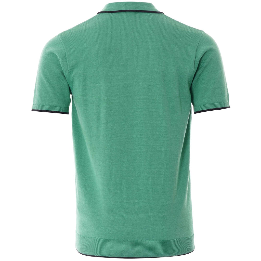 The back view of the green knitted polo shirt with dark trim.