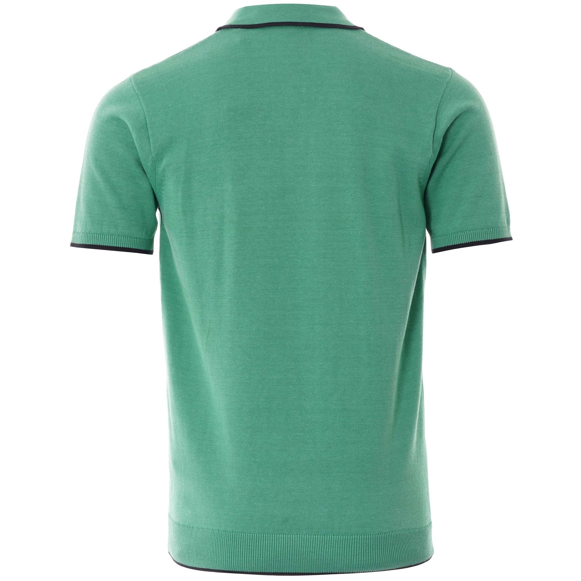 The back view of the green knitted polo shirt with dark trim.