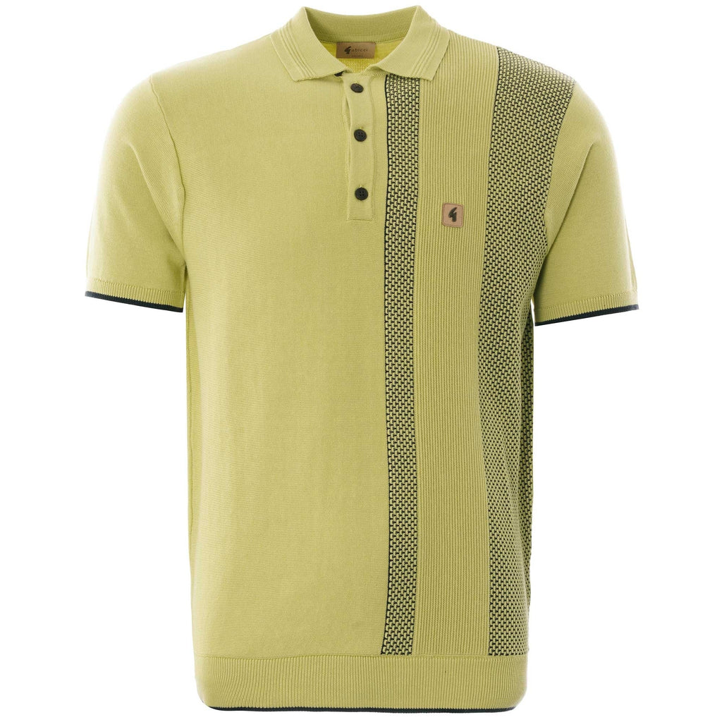 A short-sleeved polo shirt in lime green with a patterned stripe down the right side.