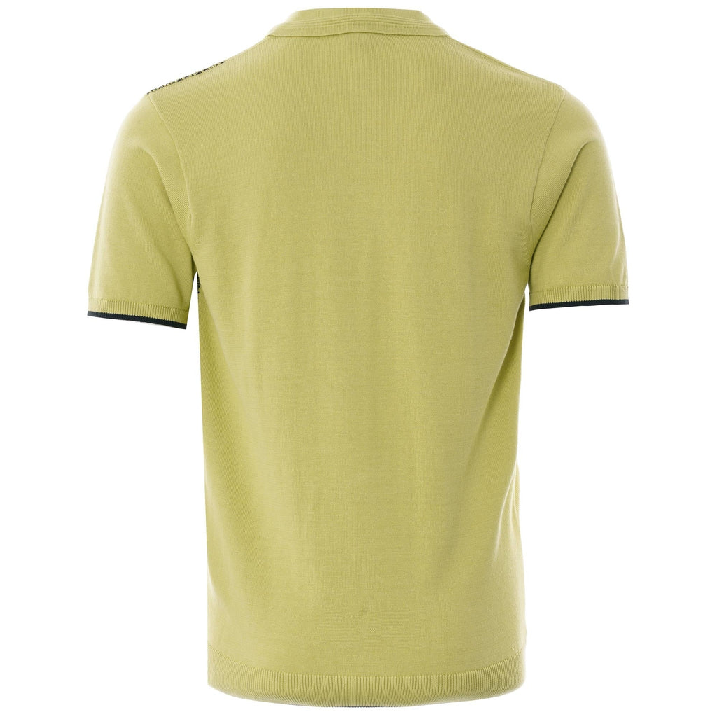 The back of the lime green short-sleeved polo shirt with plain knit.