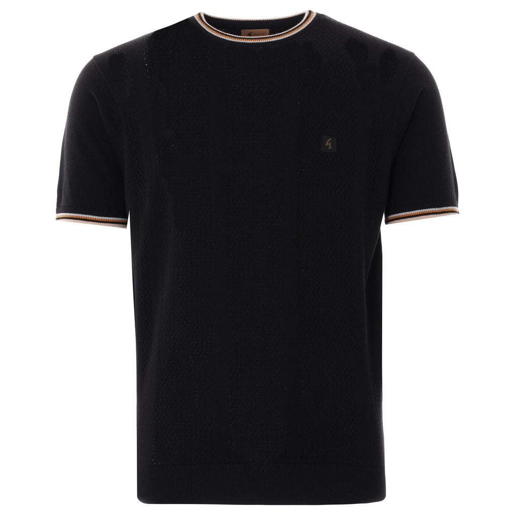 Black short-sleeved knitted top with striped collar and cuffs for men.