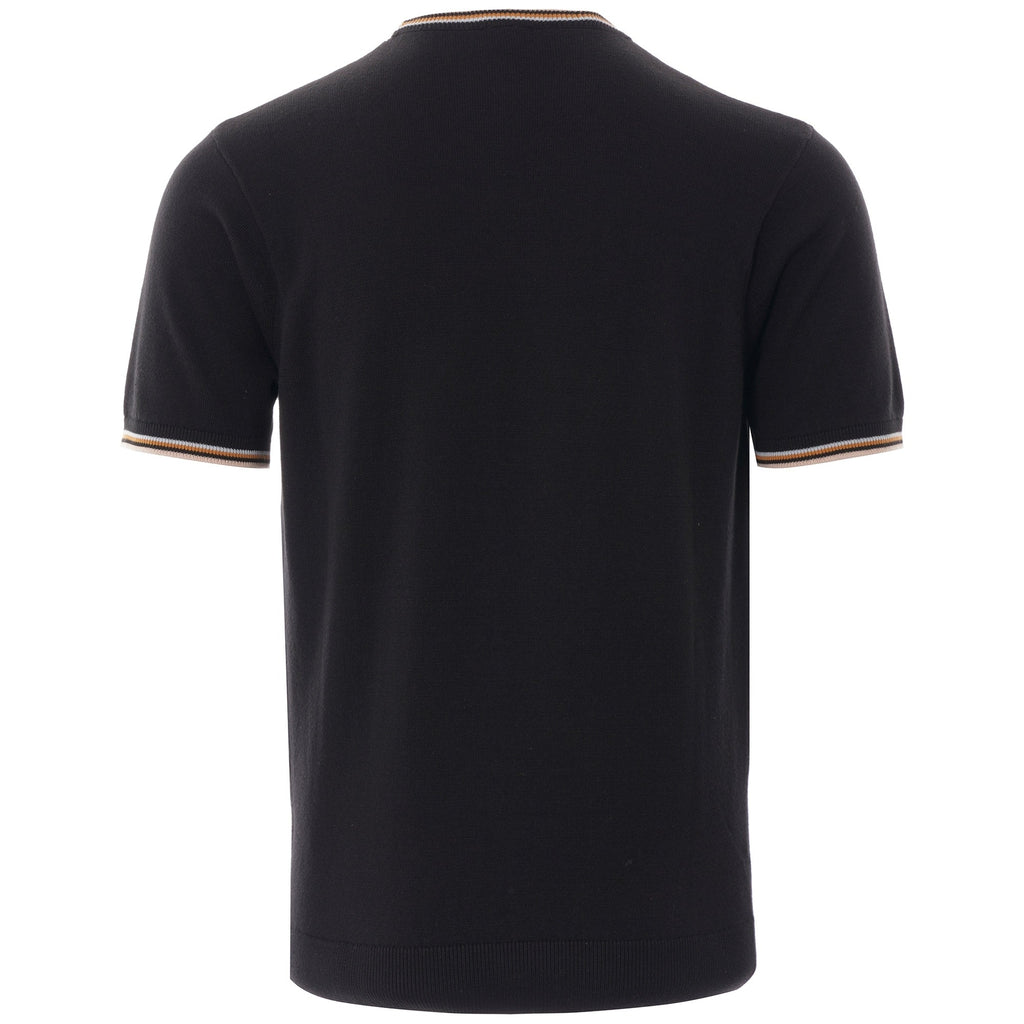 Back view of a black short-sleeved knitted top with striped collar and cuffs.