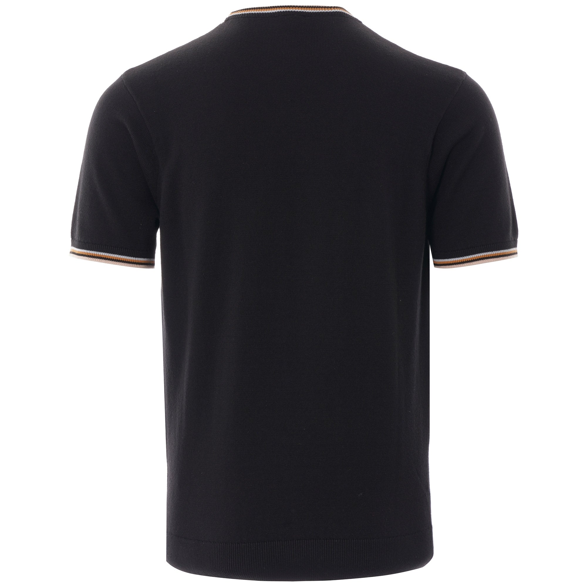 Back view of a black short-sleeved knitted top with striped collar and cuffs.