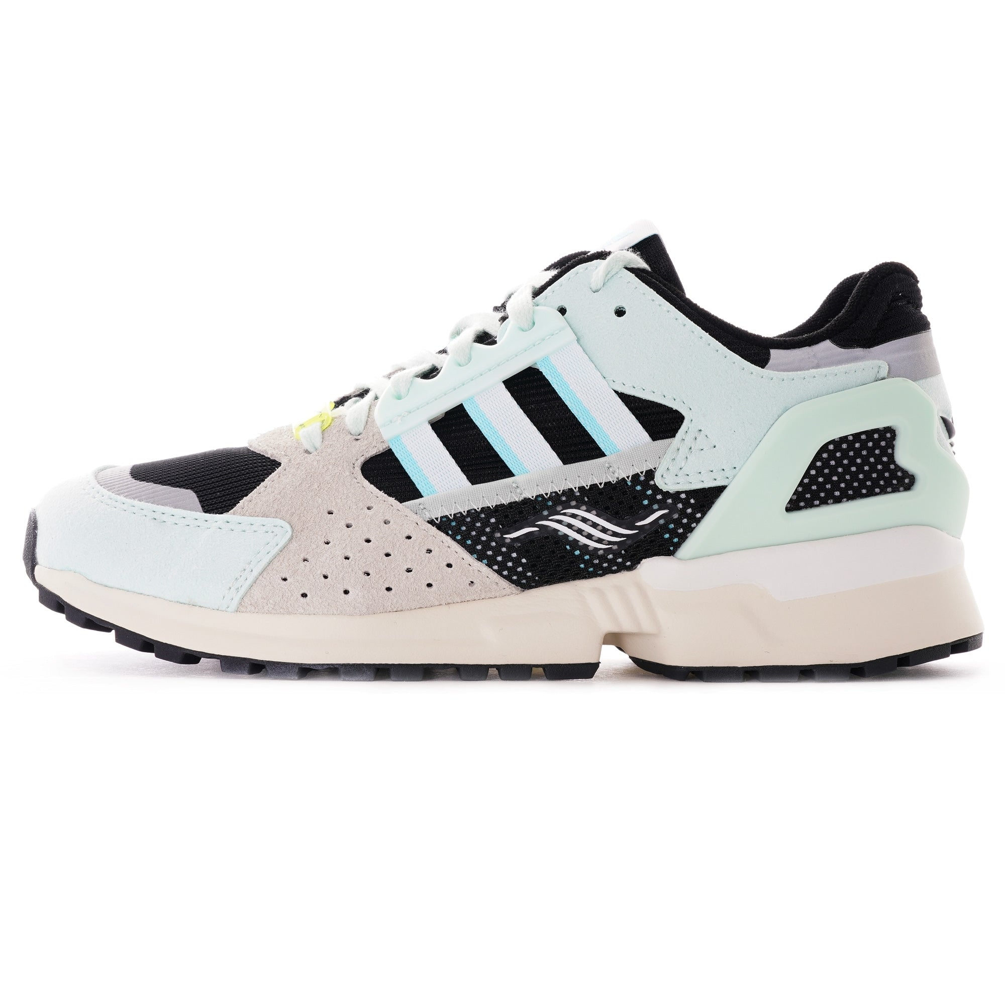 Side profile of an Adidas ZX 8000 Clear Aqua trainer against a white background.