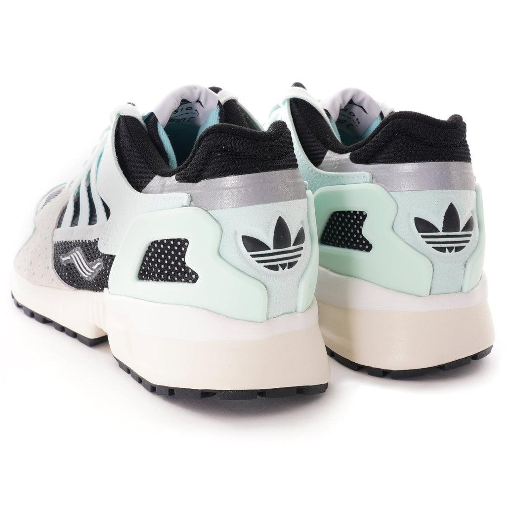 Rear view of a pair of Adidas ZX 8000 Clear Aqua trainers, white background.