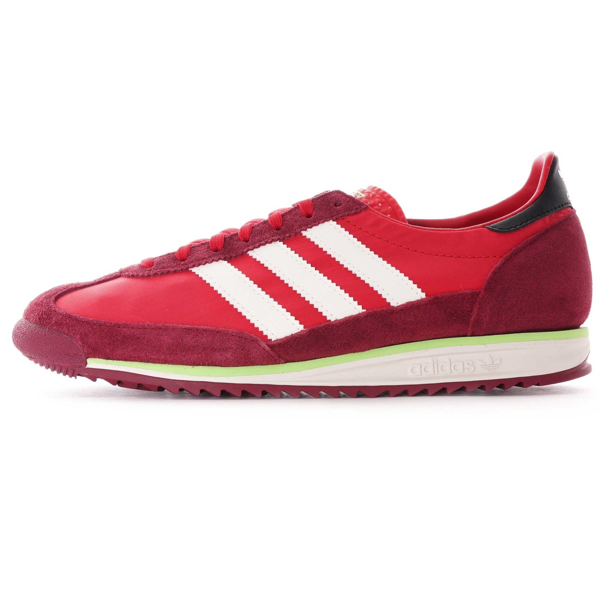 A close-up, eye-level shot of a single red adidas SL 72 RS trainer with white stripes.