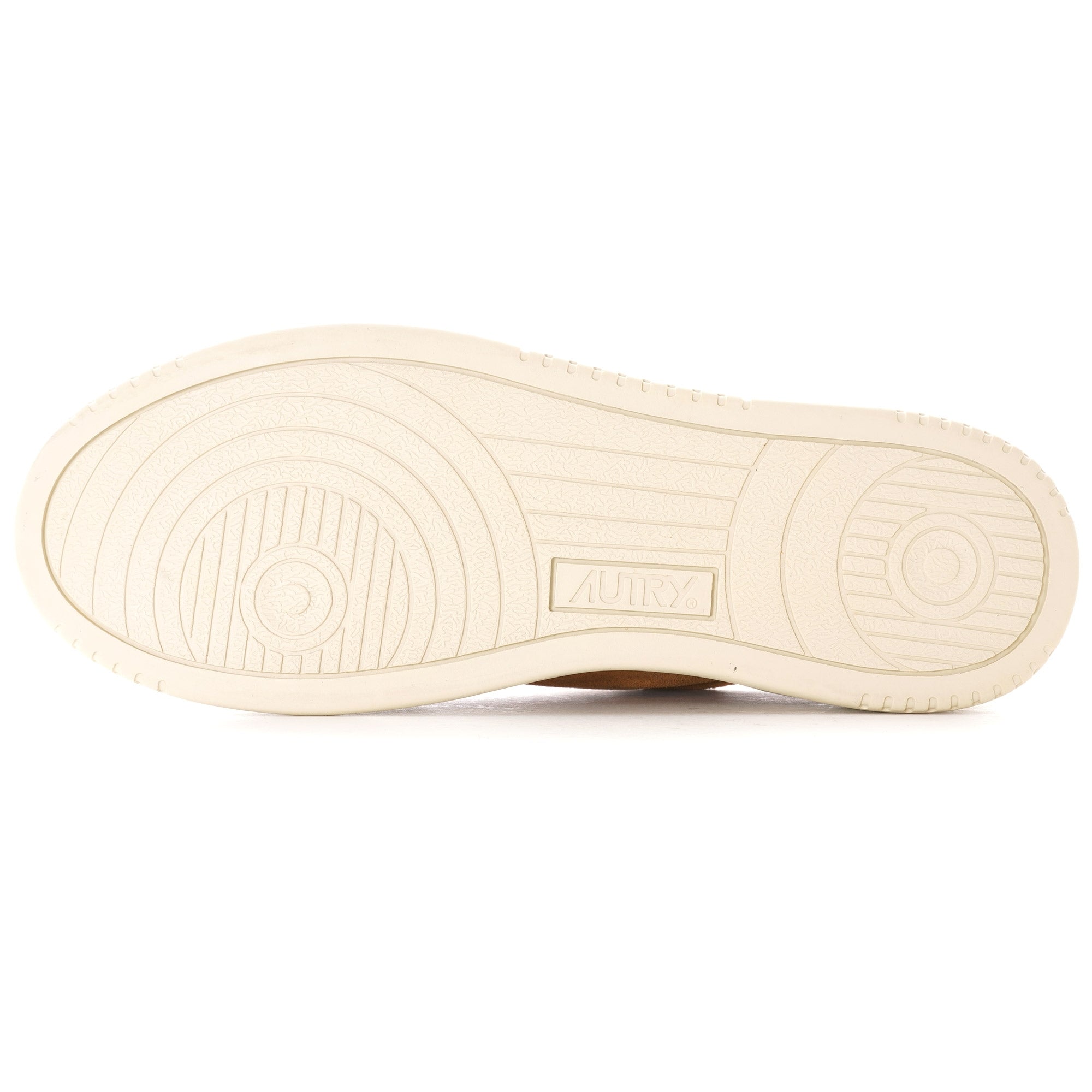 Bottom view of an Autry Medalist Low Suede in tan, highlighting the textured cream sole.