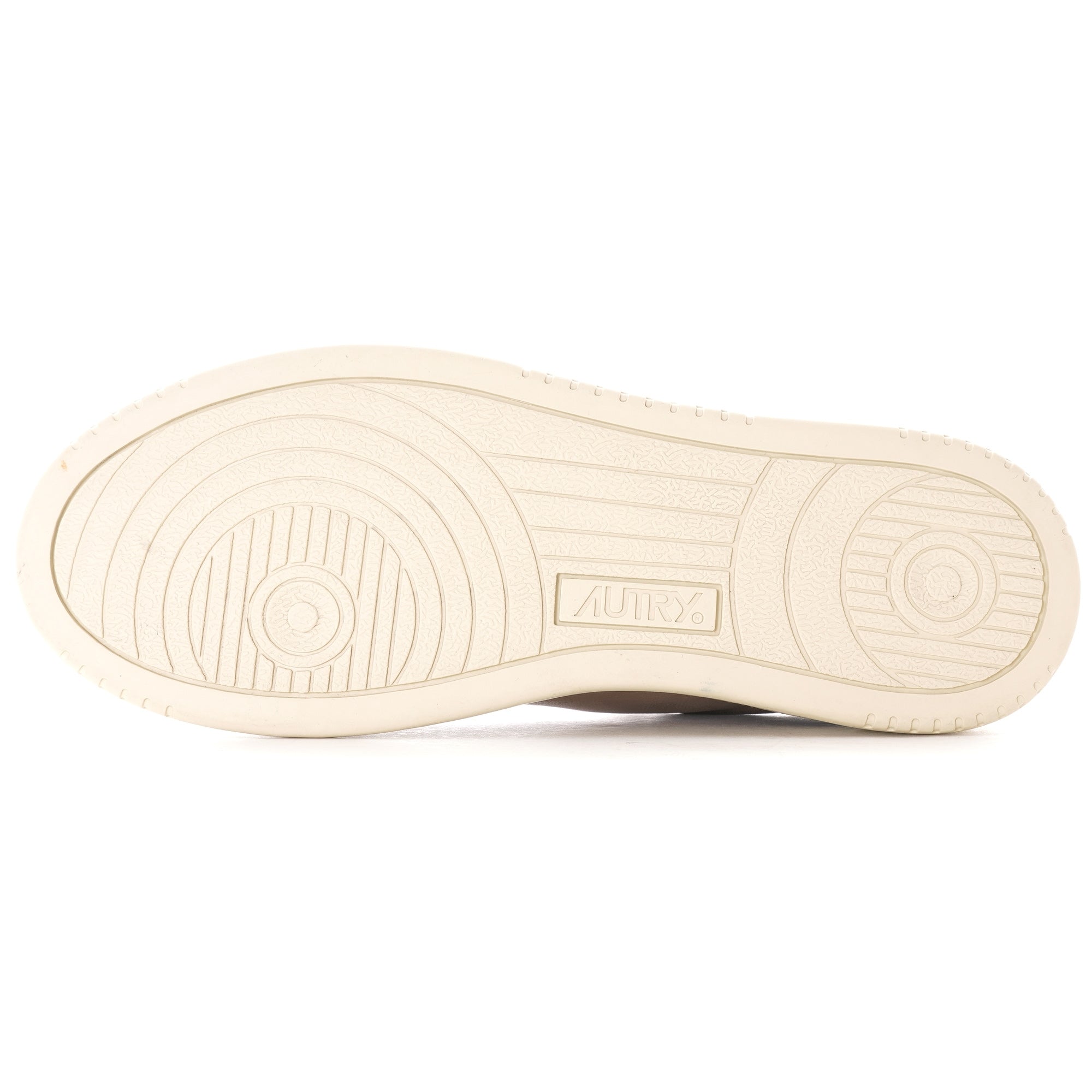 Bottom view of an Autry Medalist Low sneaker, showing the cream sole and grip pattern.