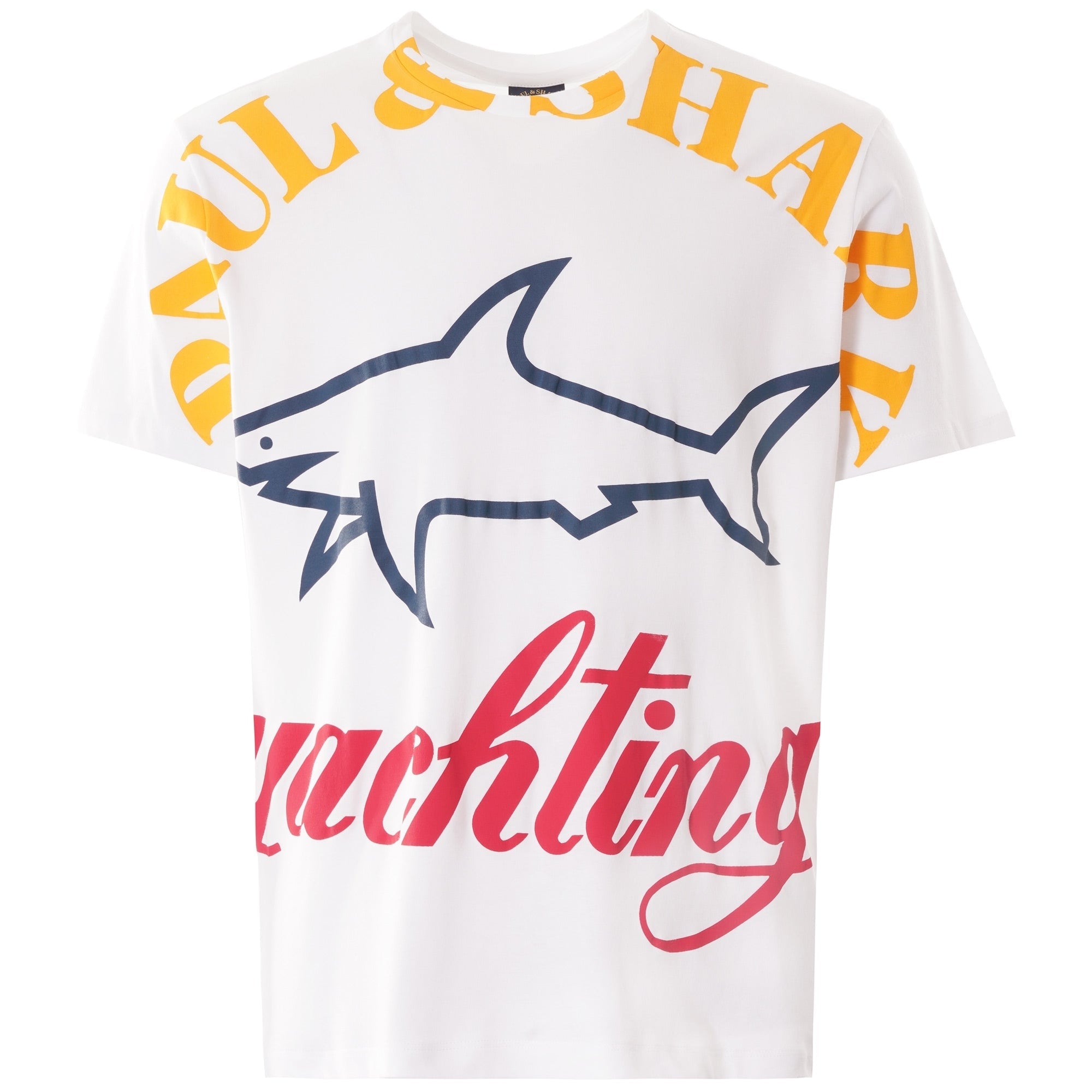 Front view of the Paul & Shark white t-shirt with a shark graphic and logo lettering.