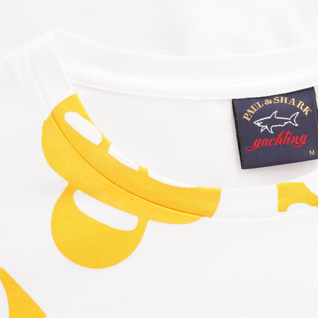 Close-up of the Paul & Shark t-shirt neckline showing the brand label.
