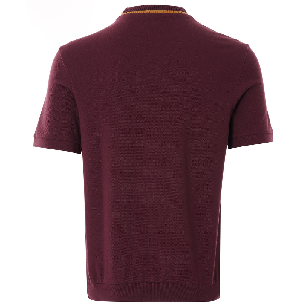 Rear view of the Fred Perry Reissues crew neck t-shirt in mahogany with gold trim.