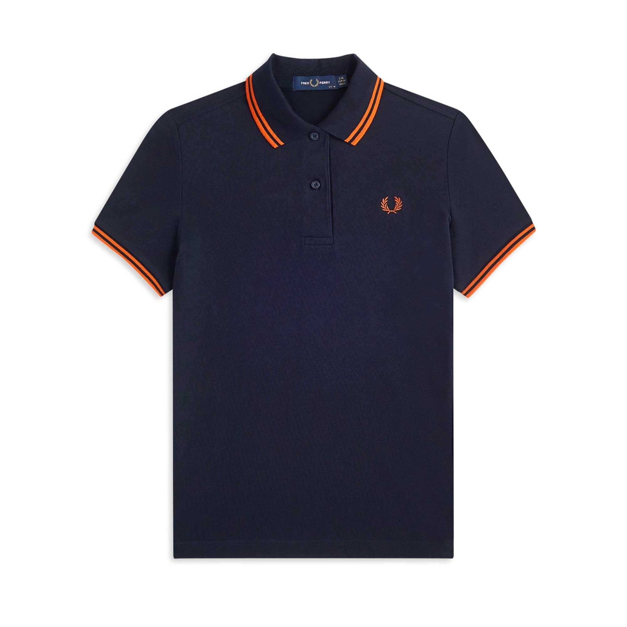 A navy polo shirt with orange tipping on the collar and cuffs, featuring a subtle embroidered logo.