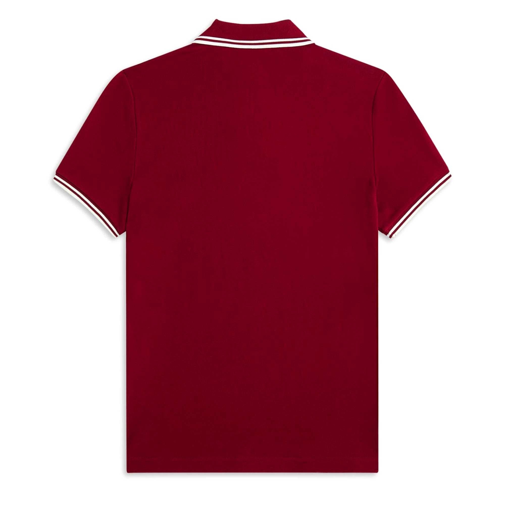 The back of a Fred Perry polo shirt in a rich, dark red with white twin-tipping.