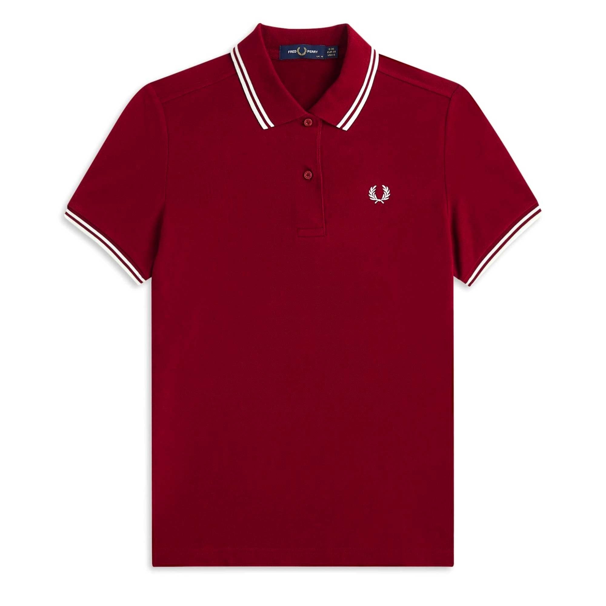 A close-up of a Fred Perry polo shirt in a rich, dark red with white twin-tipping.