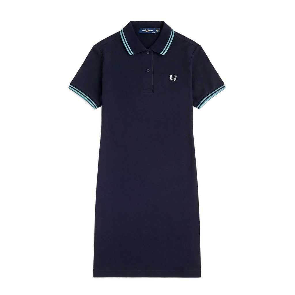 A full-length navy polo shirt dress with light blue trim and a white logo on the chest.