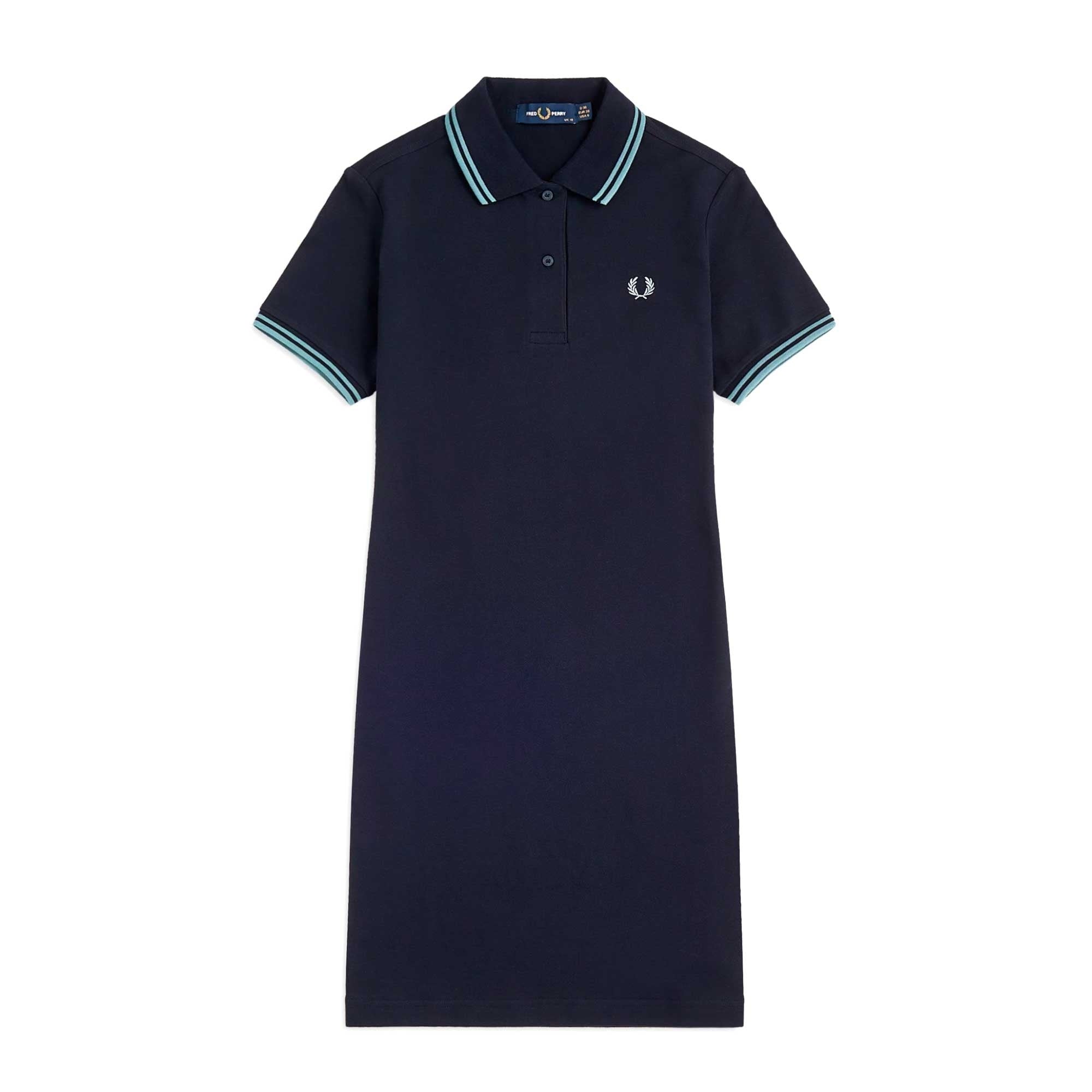 A full-length navy polo shirt dress with light blue trim and a white logo on the chest.