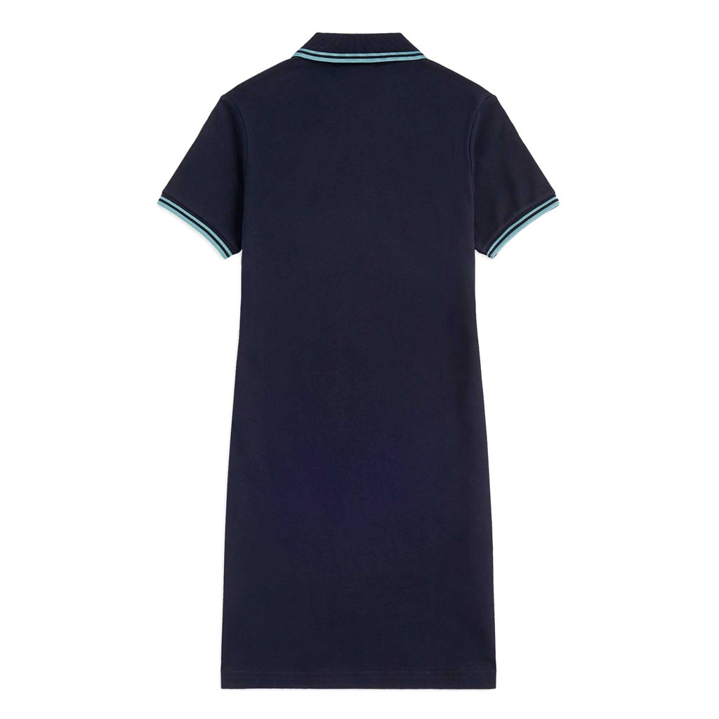 The back view of a navy polo shirt dress with light blue trim on the collar and sleeves.