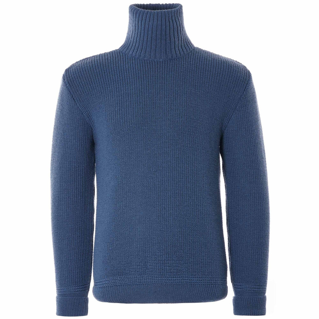 Front view of a blue roll neck jumper.
