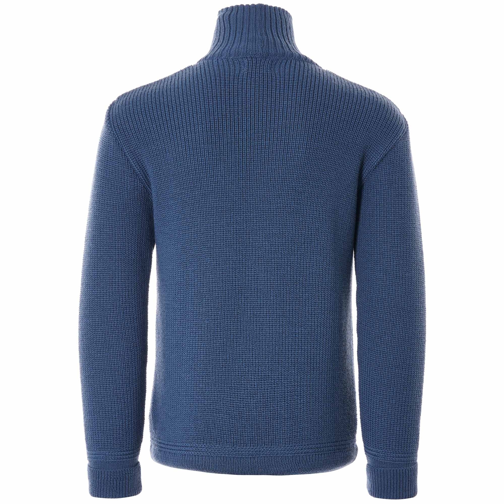 Back view of a blue roll neck jumper, showcasing the knit pattern.
