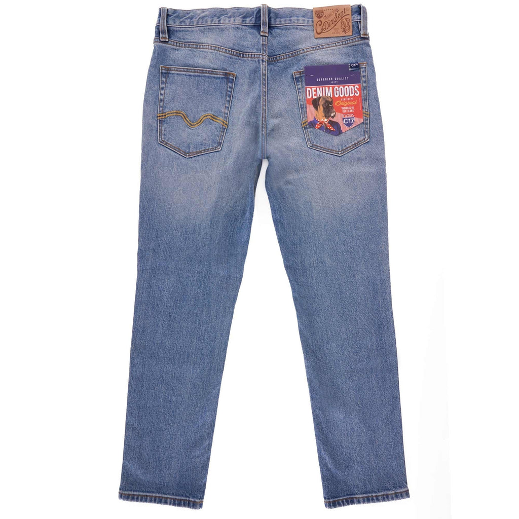 Back view of light blue denim jeans, showing pockets and brand labelling.