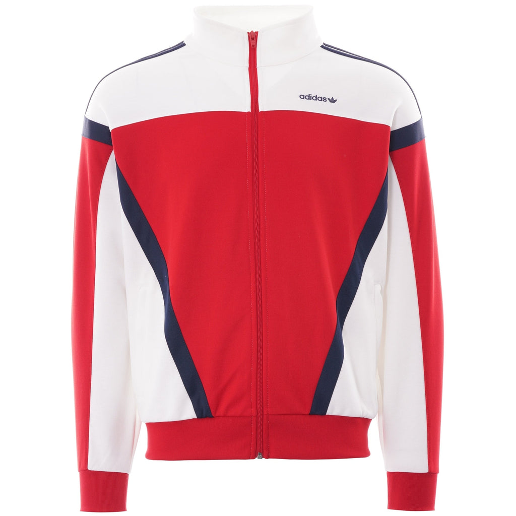 A red, white, and blue Adidas track top with a full zip closure for athletic wear.