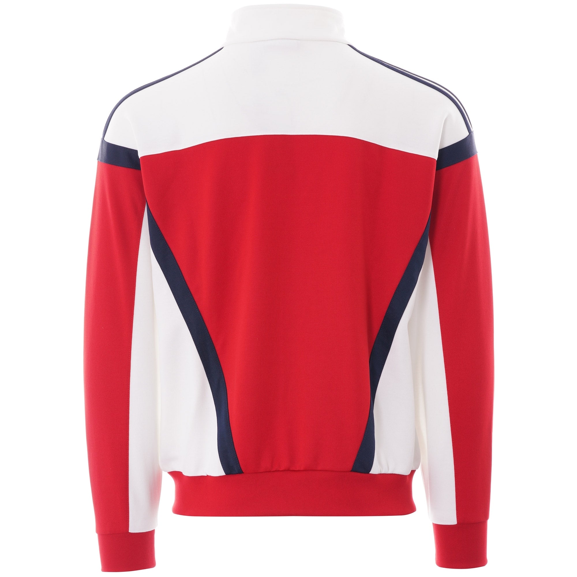 The back view of a red, white, and blue Adidas track top with a classic design.