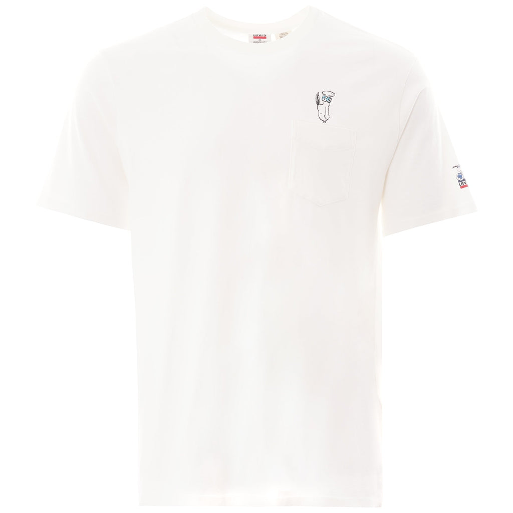 A white Levi's x Peanuts t-shirt with Snoopy as a tennis player on the front.