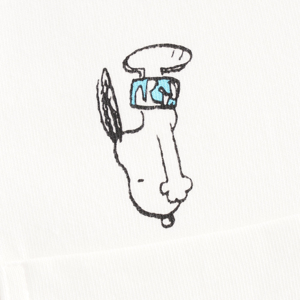 A close-up of Snoopy playing tennis with a tennis racket on a white t-shirt.