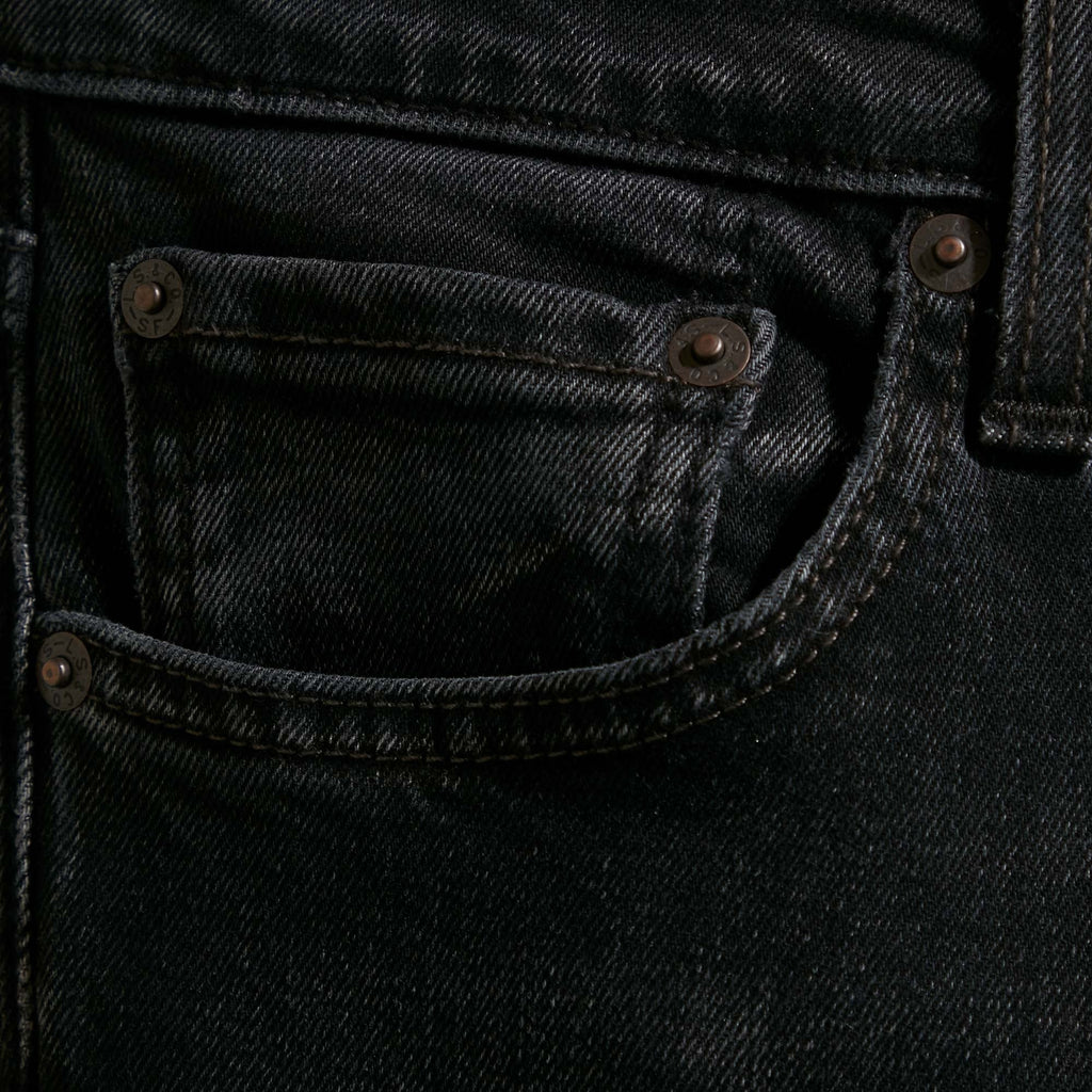 Close-up of the coin pocket on Levi's 519 men's black skinny jeans.