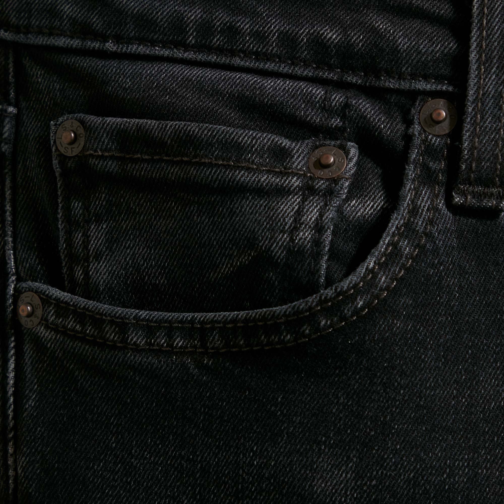 Close-up of the coin pocket on Levi's 519 men's black skinny jeans.