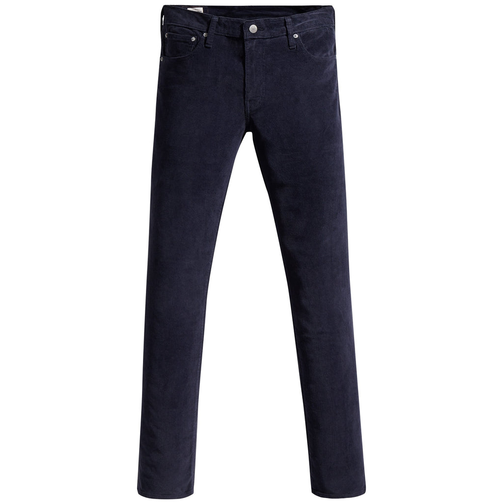 A full-length view of navy corduroy trousers on a white background.
