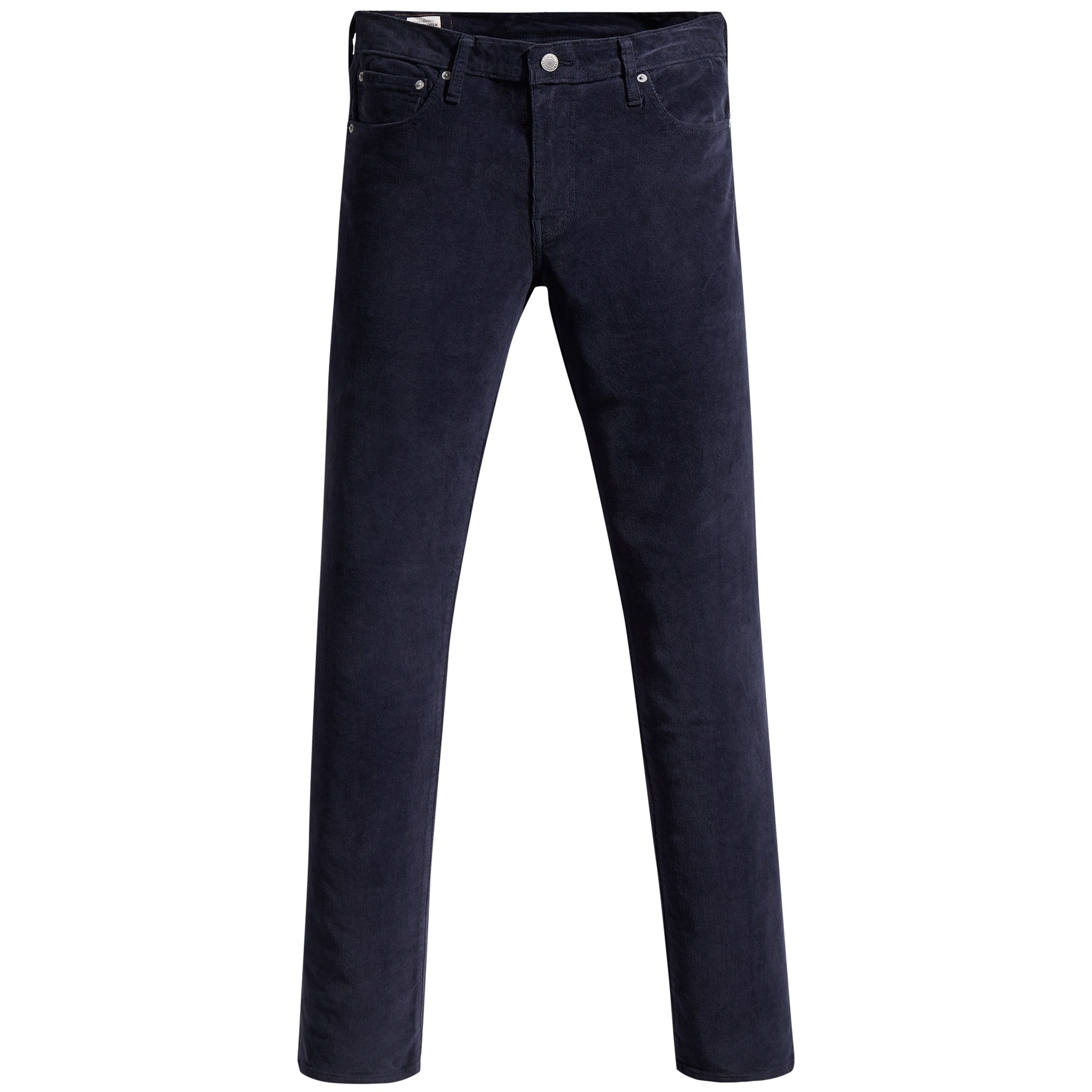 A full-length view of navy corduroy trousers on a white background.