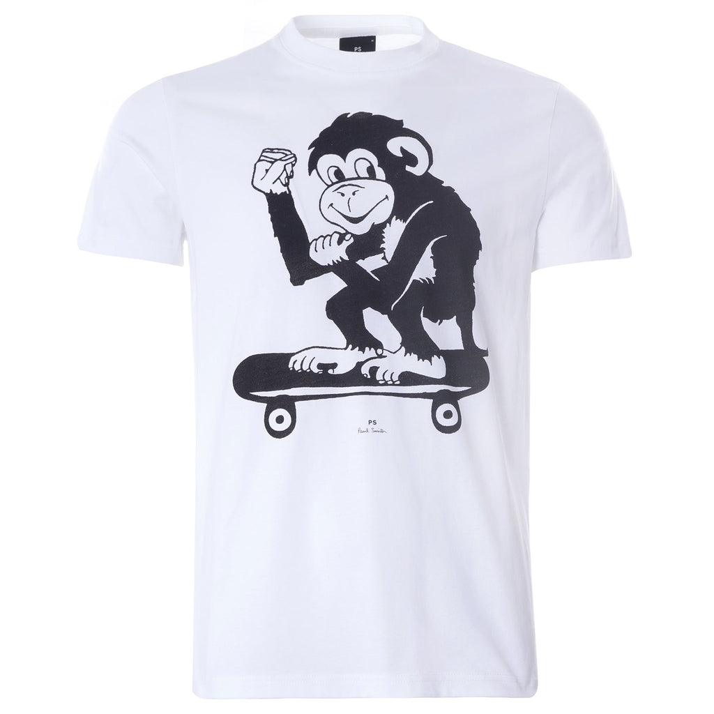 Slim-Fit 'Skater Monkey' Print Organic-Cotton T-Shirt - White