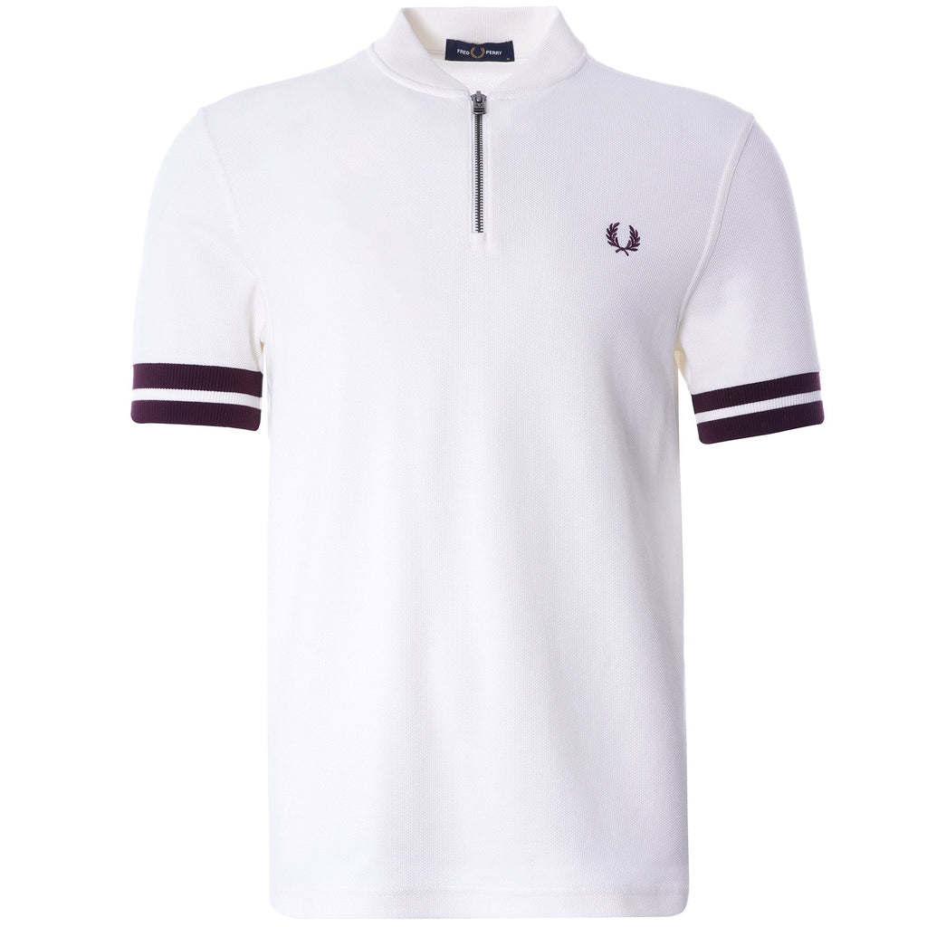 Tipped Cuff Zip Neck Polo Shirt - Snow White