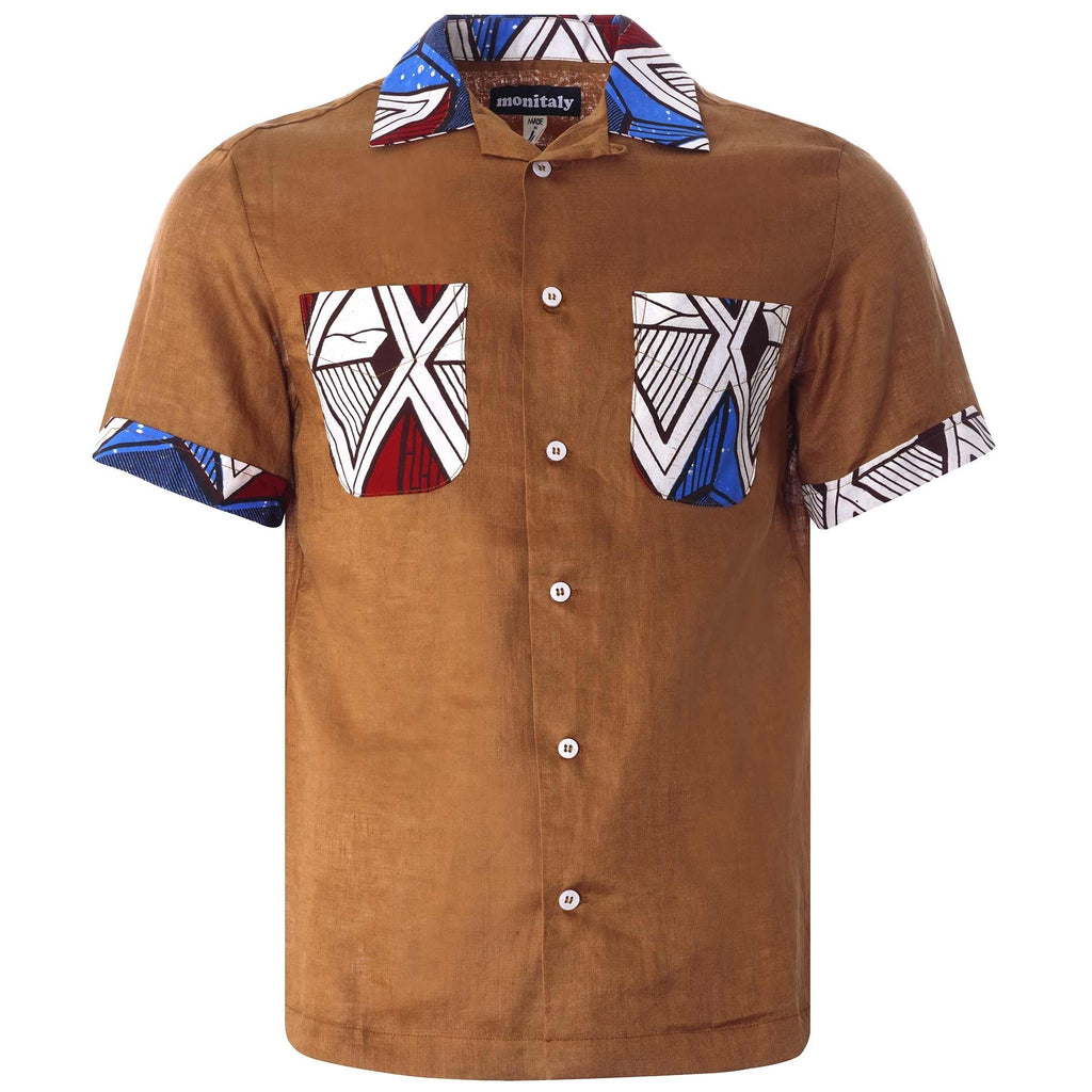 Vacation Shirt Lt. Linen Brown x African Batic - Brown