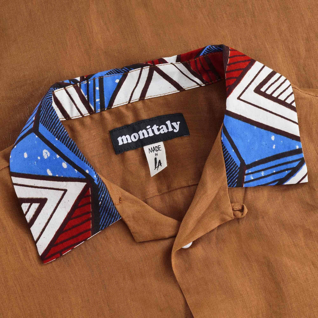 Vacation Shirt Lt. Linen Brown x African Batic - Brown