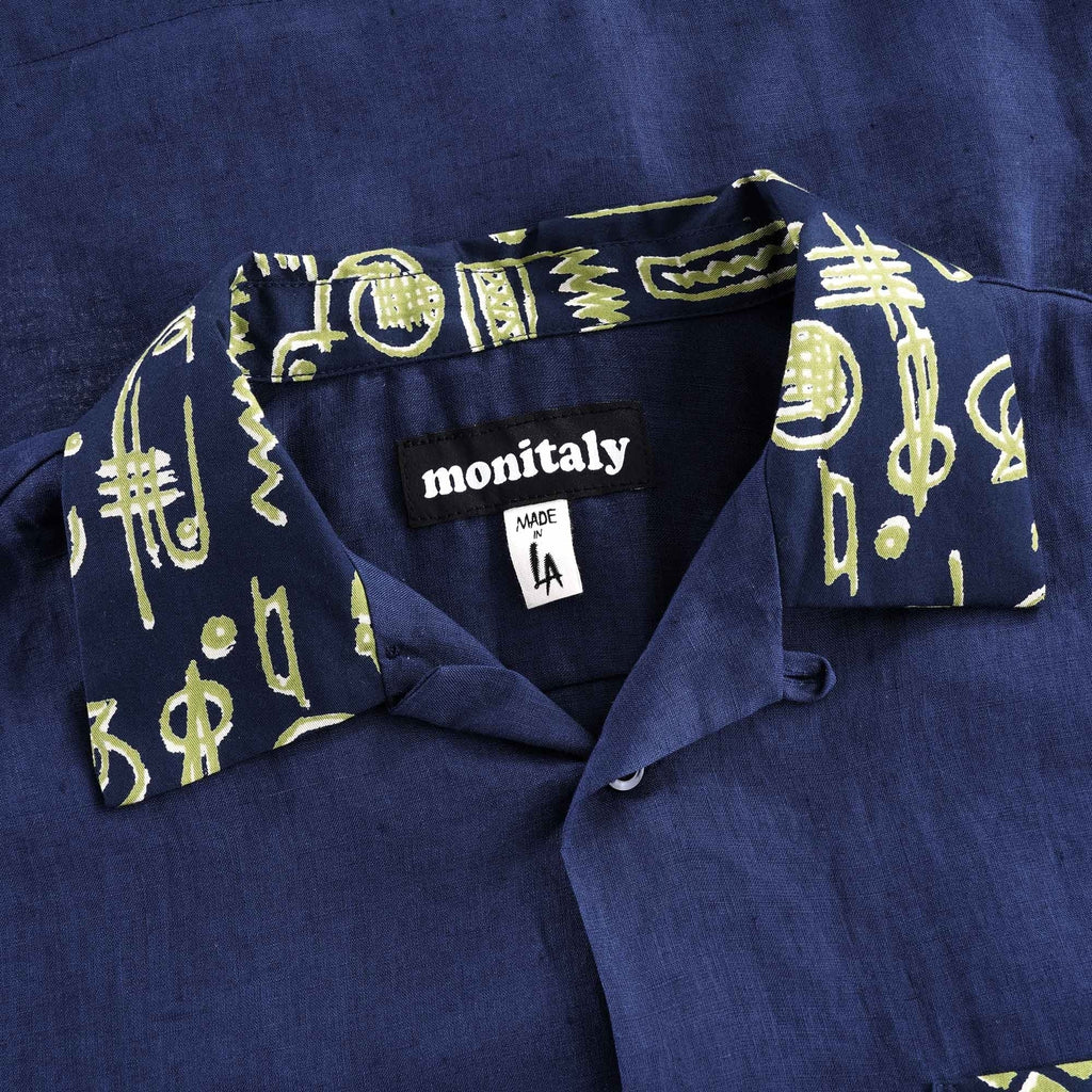 Vacation Shirt Lt. Linen Brown x Vin Print - Navy