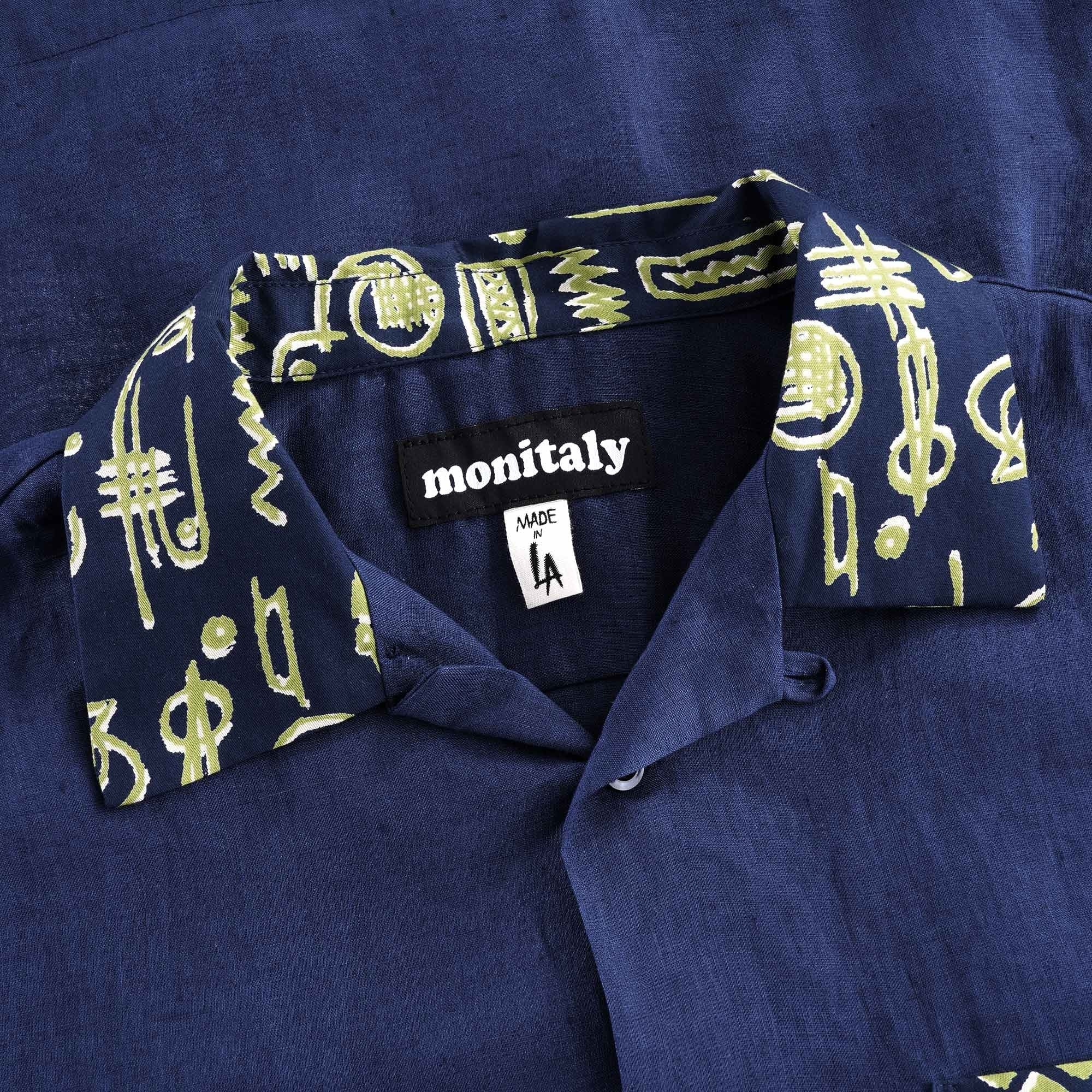 Vacation Shirt Lt. Linen Brown x Vin Print - Navy