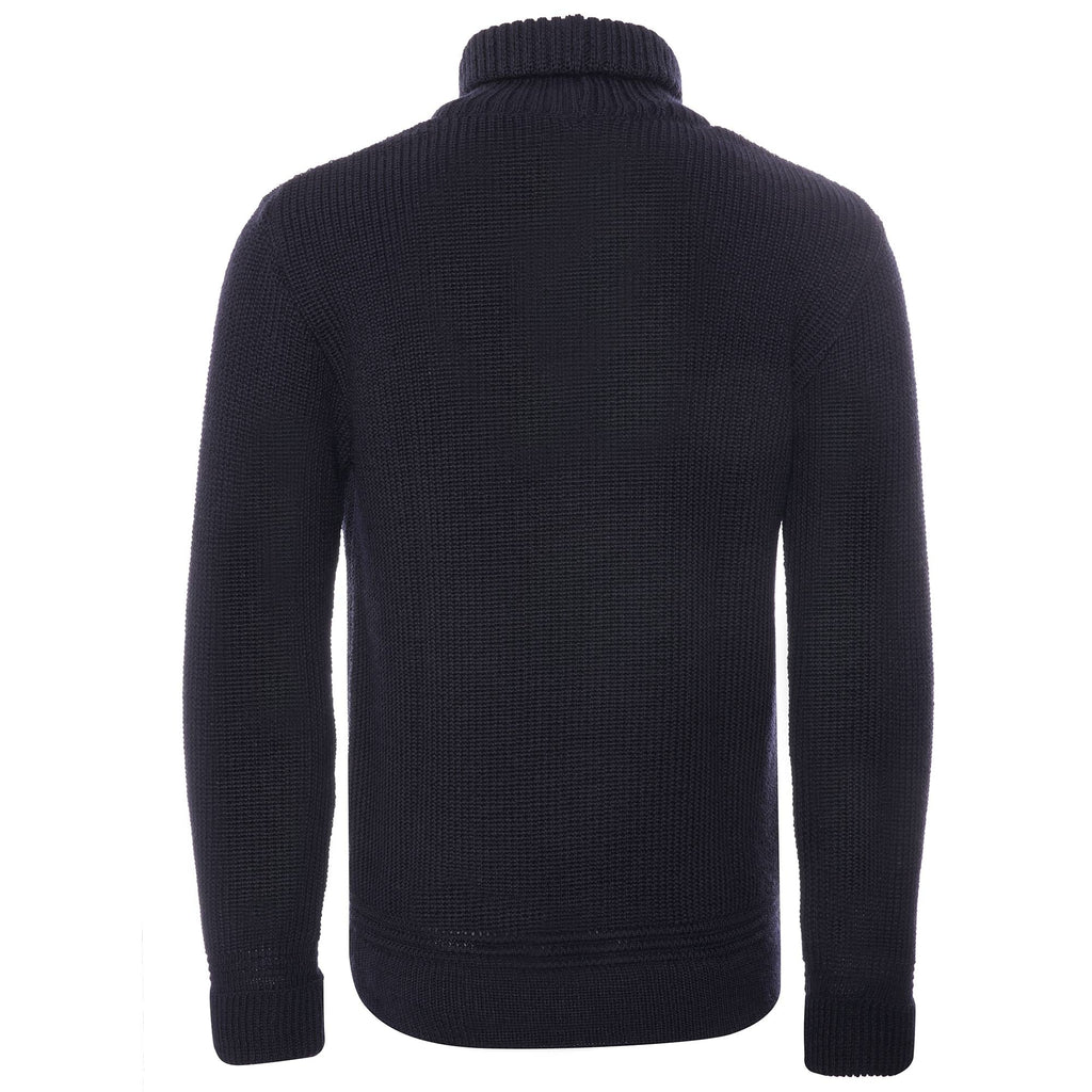 Back view of a men's navy blue roll neck jumper.