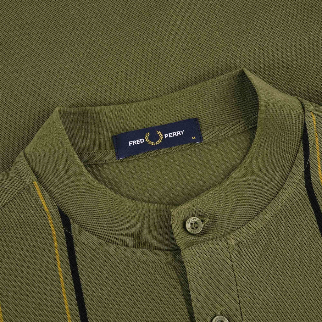 Fred Perry M3 Striped Henley Polo Shirt - Military Green