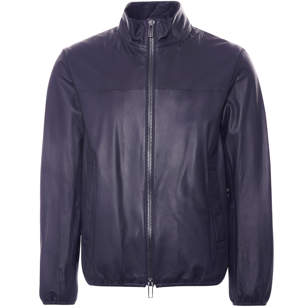 Emporio Armani Semi-Aniline Nappa Lambskin Blouson With Full-Length Zip Leather Jacket - Navy Blue